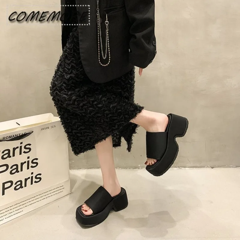 Ladies Slippers Women’s Flip Flops Shoes 2024 New Black Summer Casual Outside Square Toe Slides Female Platform Sandal Footwear