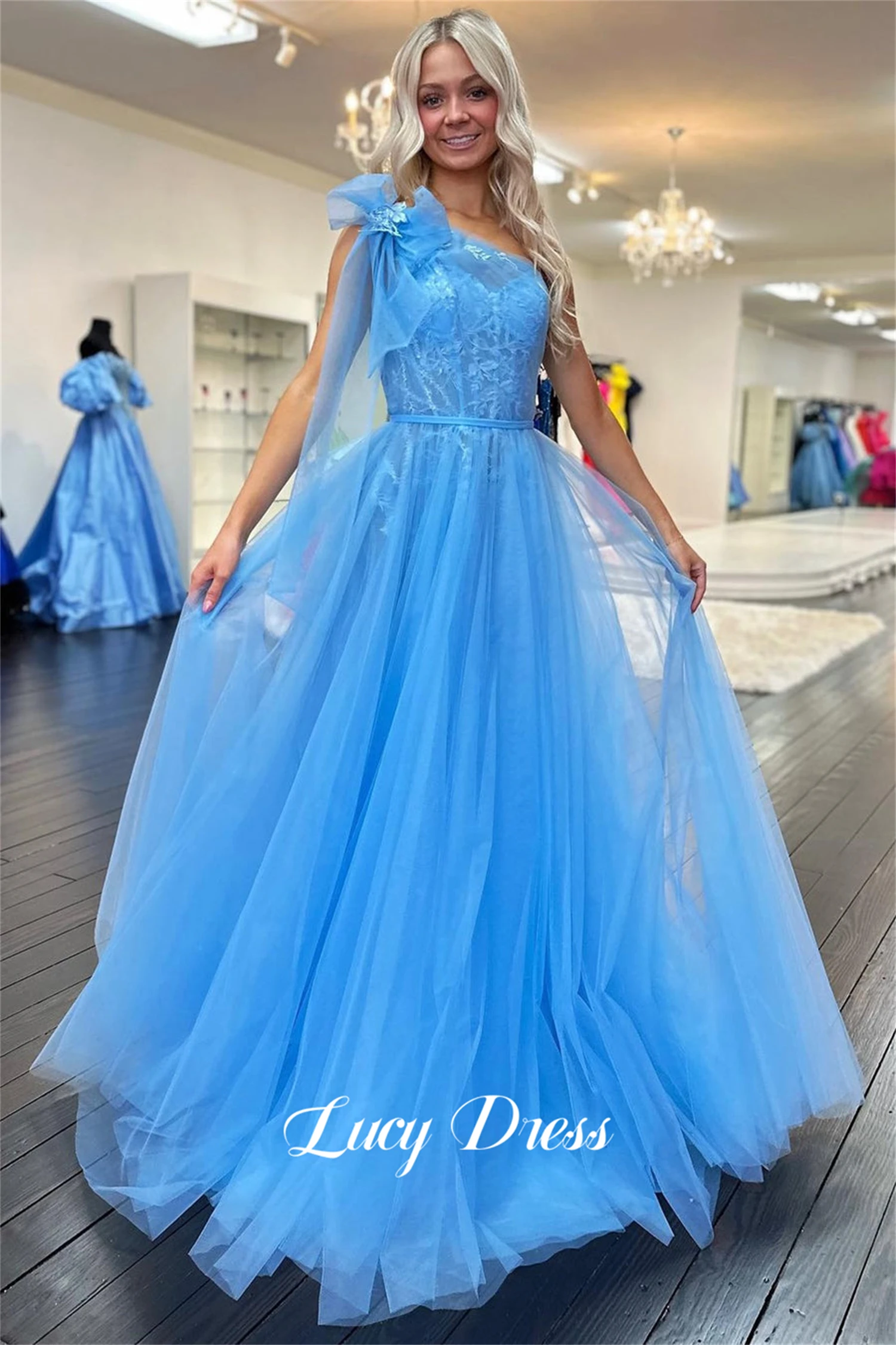 

Lucy Bow Decoration Blue Party Dress One Shoulder Sleeve Line A Ball Gown Graduation Prom Dresses 2024 Robe De Soiree Femmes