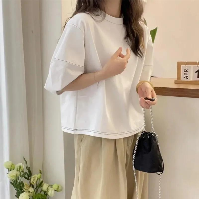 Camiseta de manga corta de algodón puro con cuello redondo y manga abombada, estilo holgado y perezoso, novedad de verano