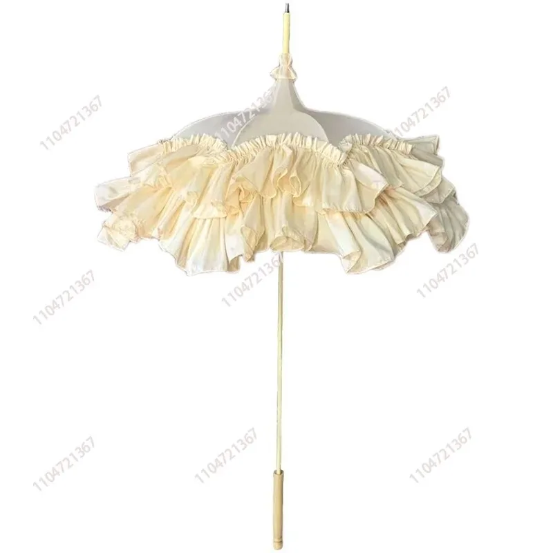 Antique Satin Lace Long Handle Umbrella Handmade Vintage Parasol Wedding Photography Props