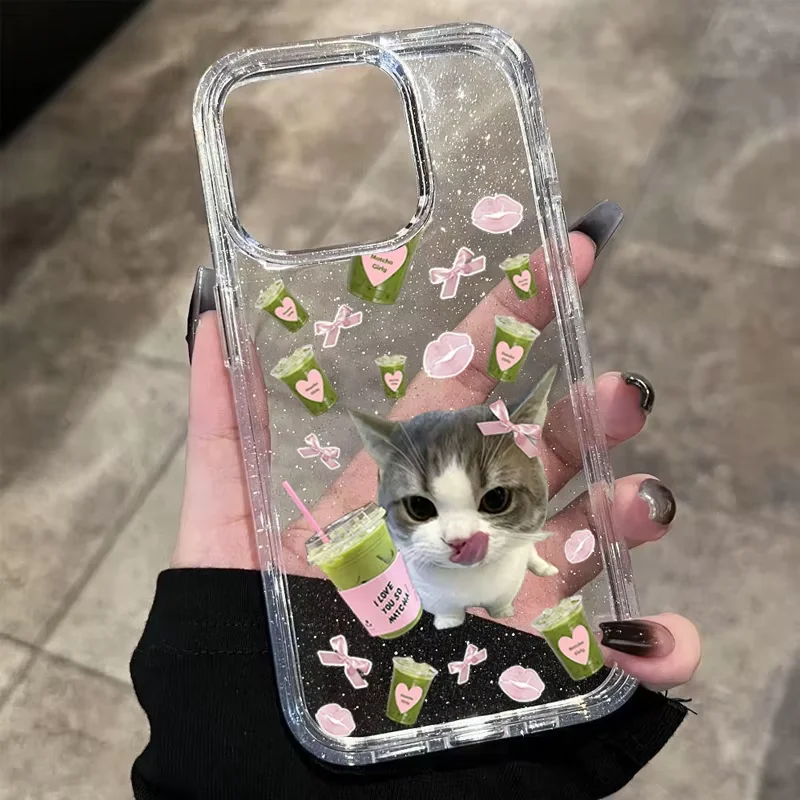 Coque de téléphone transparente motif chat matcha mignon dessin animé Kawaii pour iPhone 17 16 15 14 13 12 11 Pro MAX XR XS 7 8 Plus Mini 17air