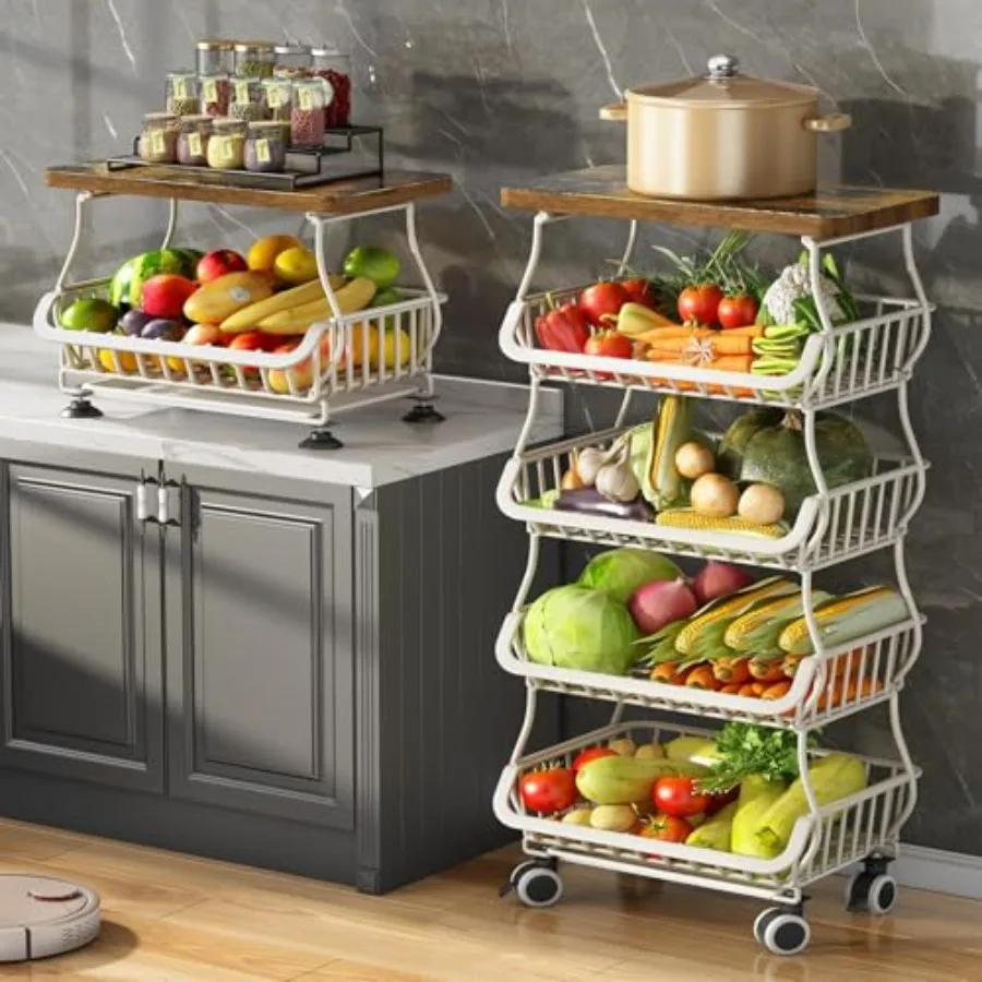 

Fruit Basket Kitchen Pantry Organizers and Storage - Wooden Top Table Stackable Metal Wire Basket Stand Cart for Fruit Vegetabl