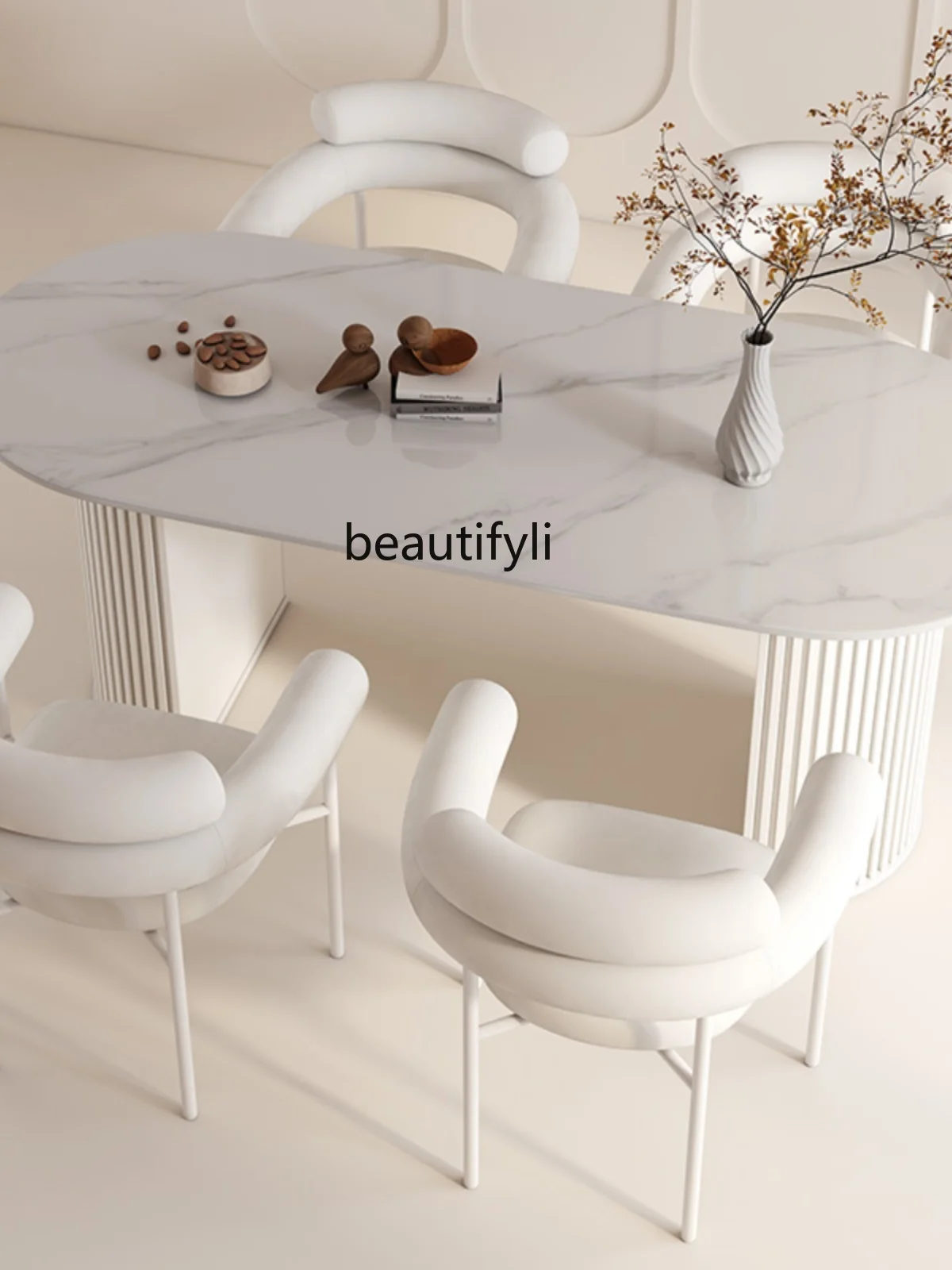 Nordic Restaurant Stone Plate Pure White Oval Household Dining Table Cream Style Negotiation Table and Chair