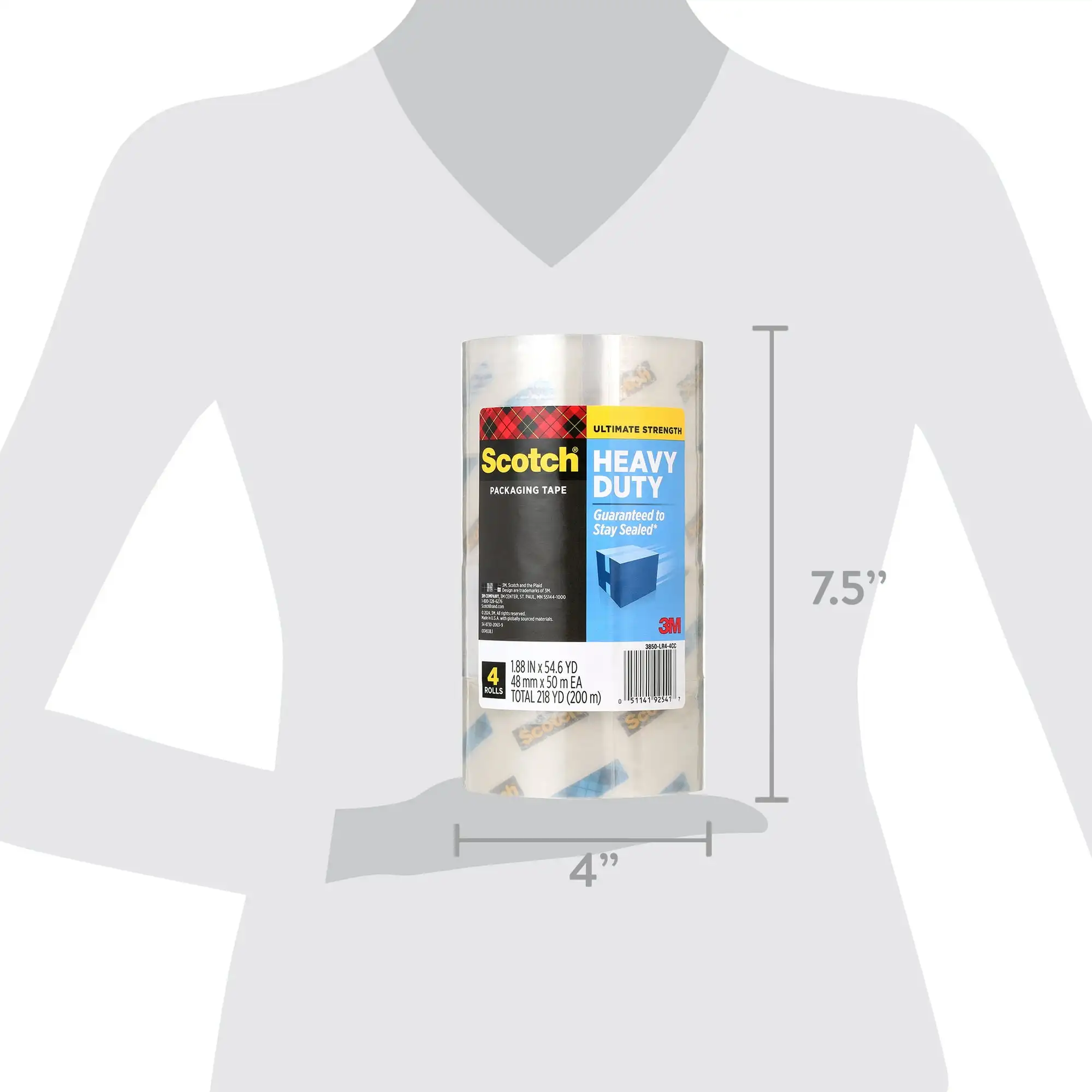 Scotch Cinta de Embalaje Resistente para Envíos, Transparente, 1,88 po. x 54,6 yd., 4 Rollos de Cinta