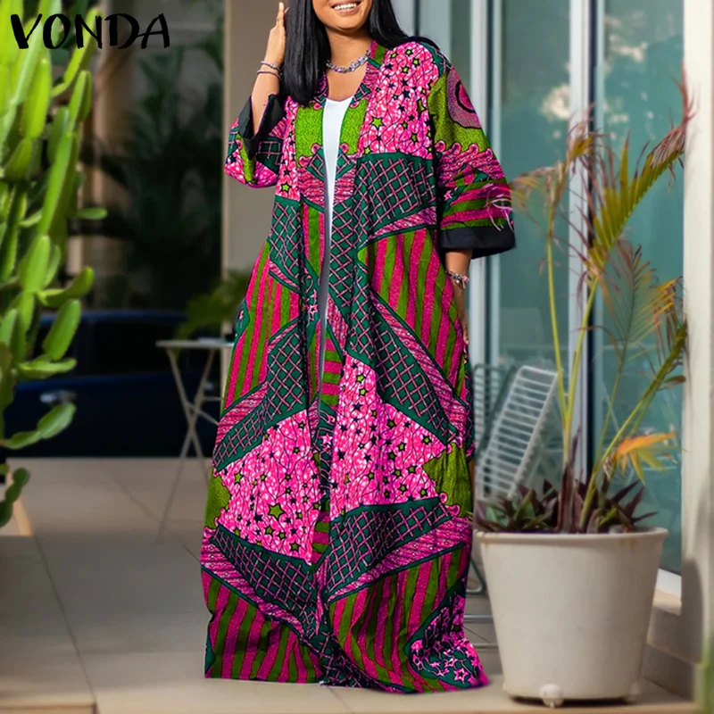 

Женские длинные рубашки VONDA больших размеров 5XL, богемные накидки, блузки с принтом, кардиганы с рукавом 3/4, повседневные свободные топы оверсайз, блузы