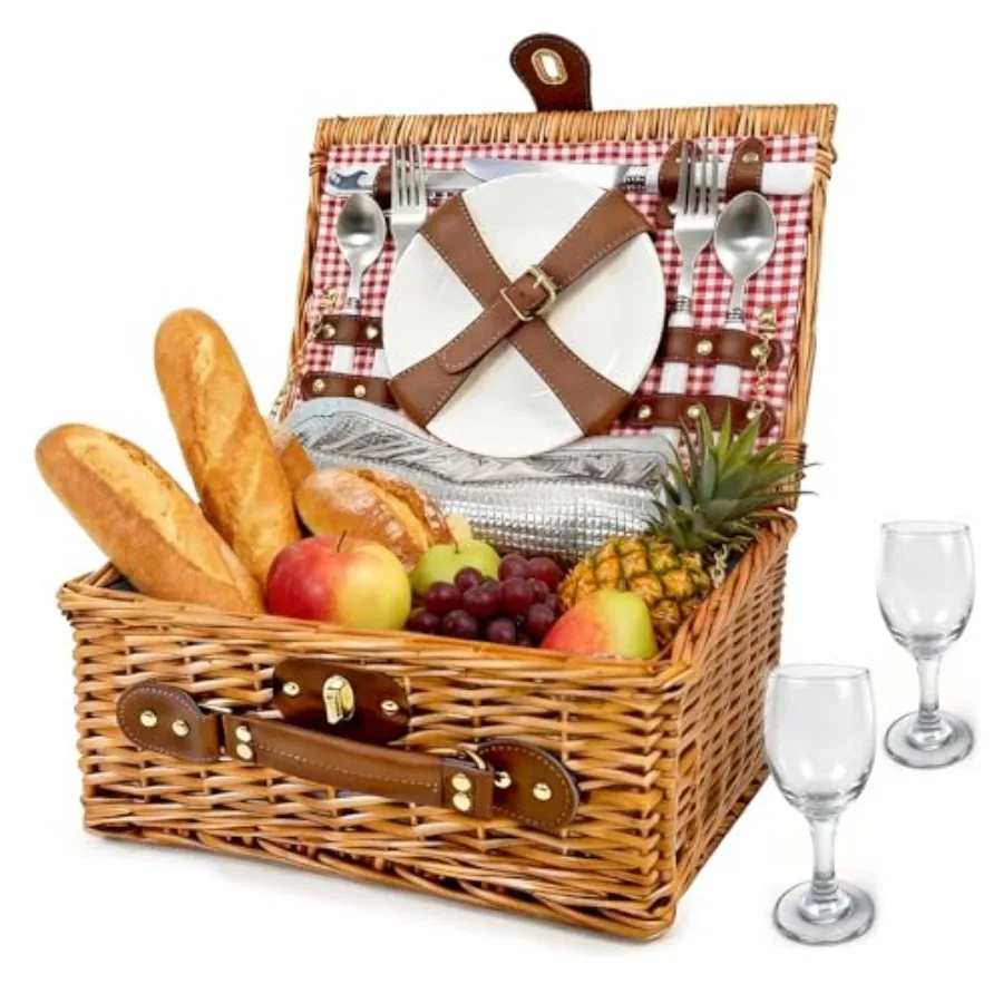 

Picnic Basket for 2 - Picnic Basket with Cutlery Kit and Glasses, Insulated Picnic Set with Waterproof Liner, Portable Wicker P