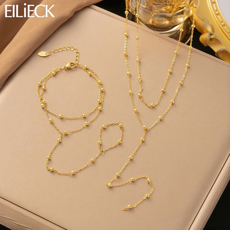EILIECK Stainless Steel Bead Long Bracelet Necklace Set Minimalist 18 K PVD Plated Metal Collar Fashion Jewelry Ring Chain Gift