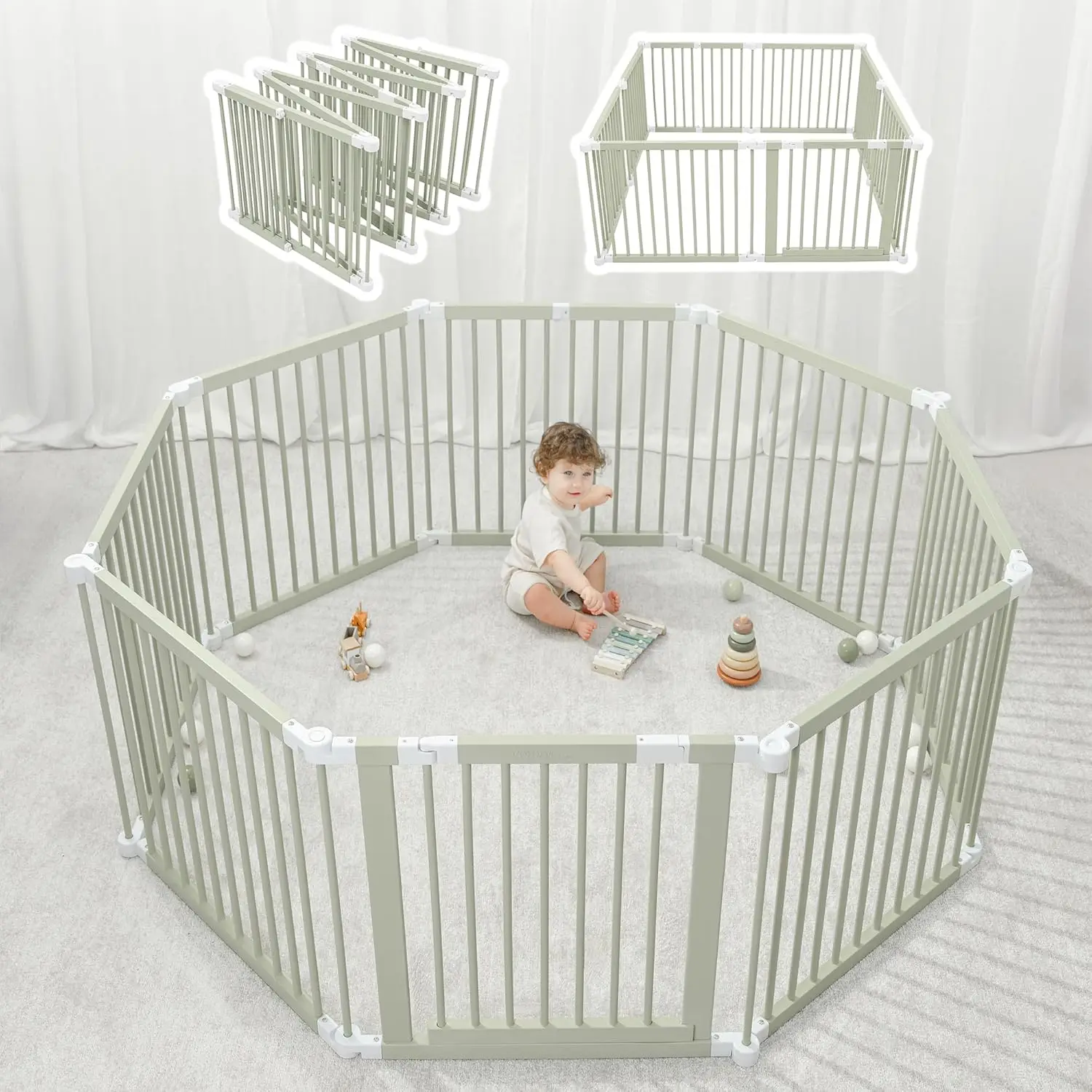 

Gate for Toddler and Babies, Foldable Wooden Large Shape & Size Adjustable , Play Fence with Locking Gate Activity Center