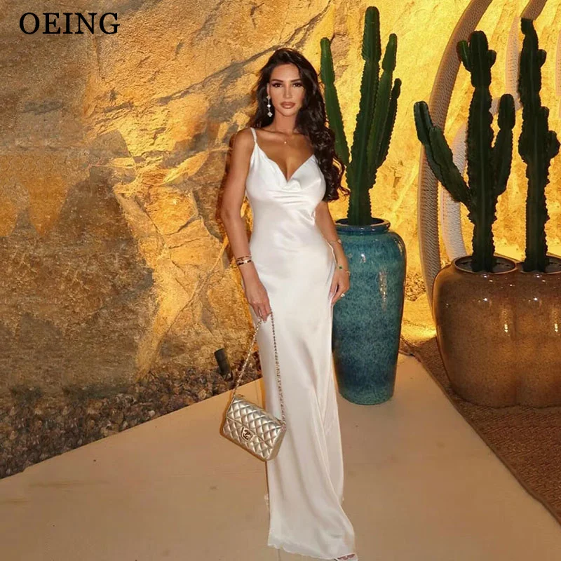 OEING White Prom Dress Sexy Spaghetti Strap Pleated Sharon Happy Mermaid Evening Dresses Special Occasion Gown Vestidos De