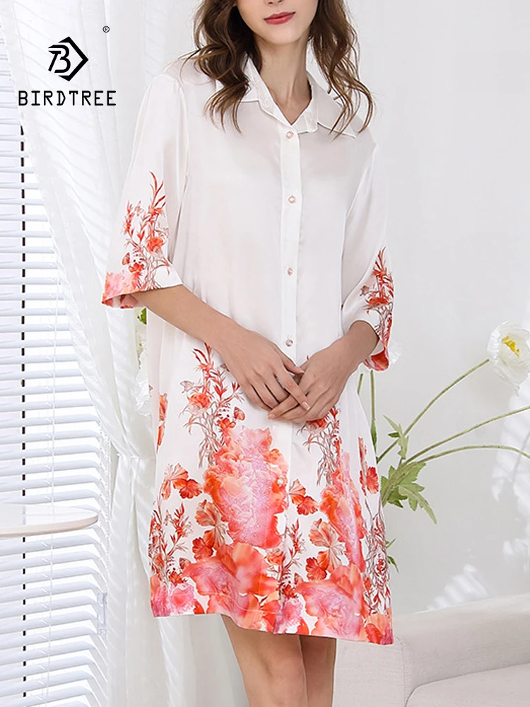 

BirdTree, 19MM 100%Real Silk Elegant Pajama Dress, Women Half Sleeve Flower Printed, Retro Nightwear, 2024 Summer New P439100QC