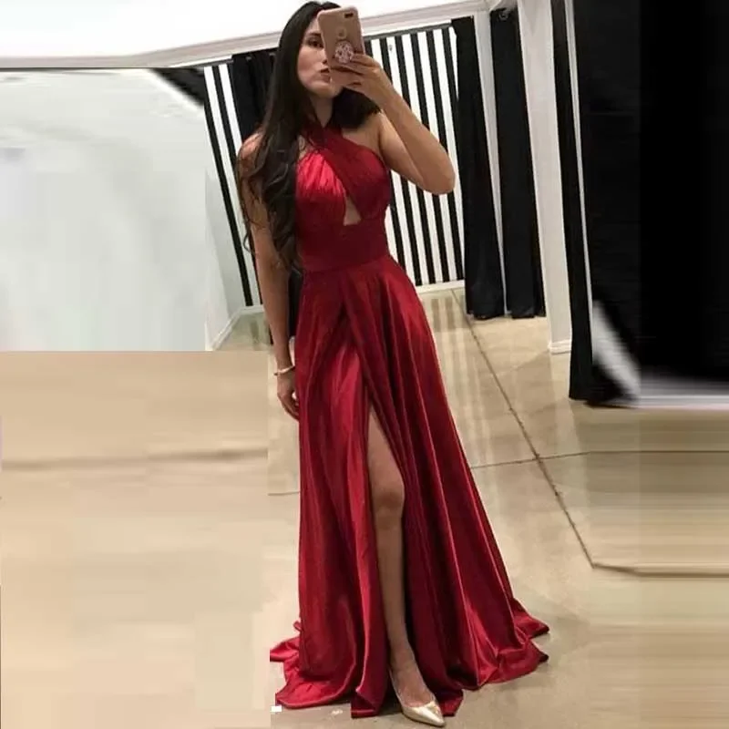 Vestido de noche de línea a con cuello halter para habitación, prenda de satén con abertura lateral, elegante y sexy, para fiesta y cóctel