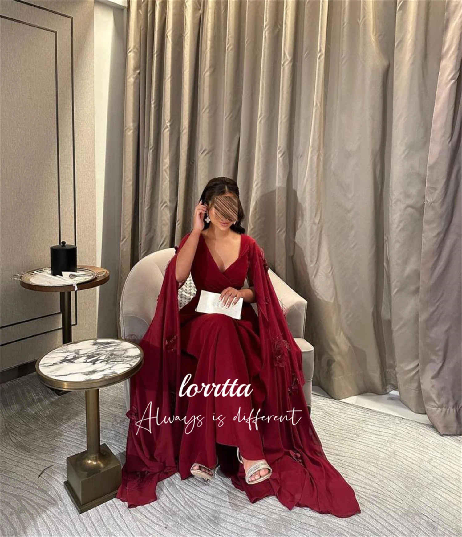 Lorrtta Shawl Deep Red Flower Decoration Party Dress Evening Ball Gowns Dresses for Special Events Customized فساتين سهرة