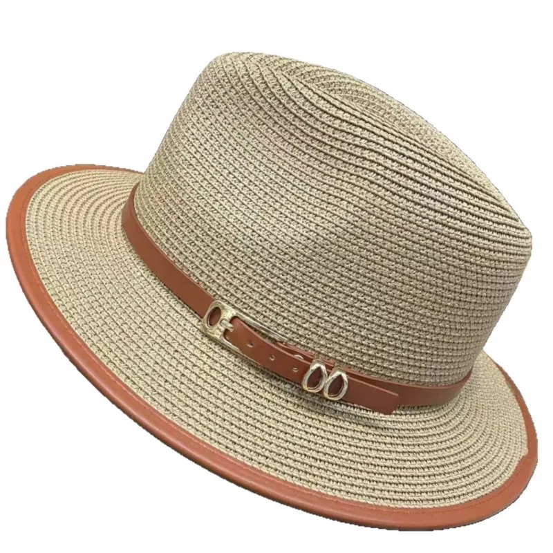 The grass-woven leather-buttoned flat-topped hat is a versatile choice for both men and women in spring summer It top outings
