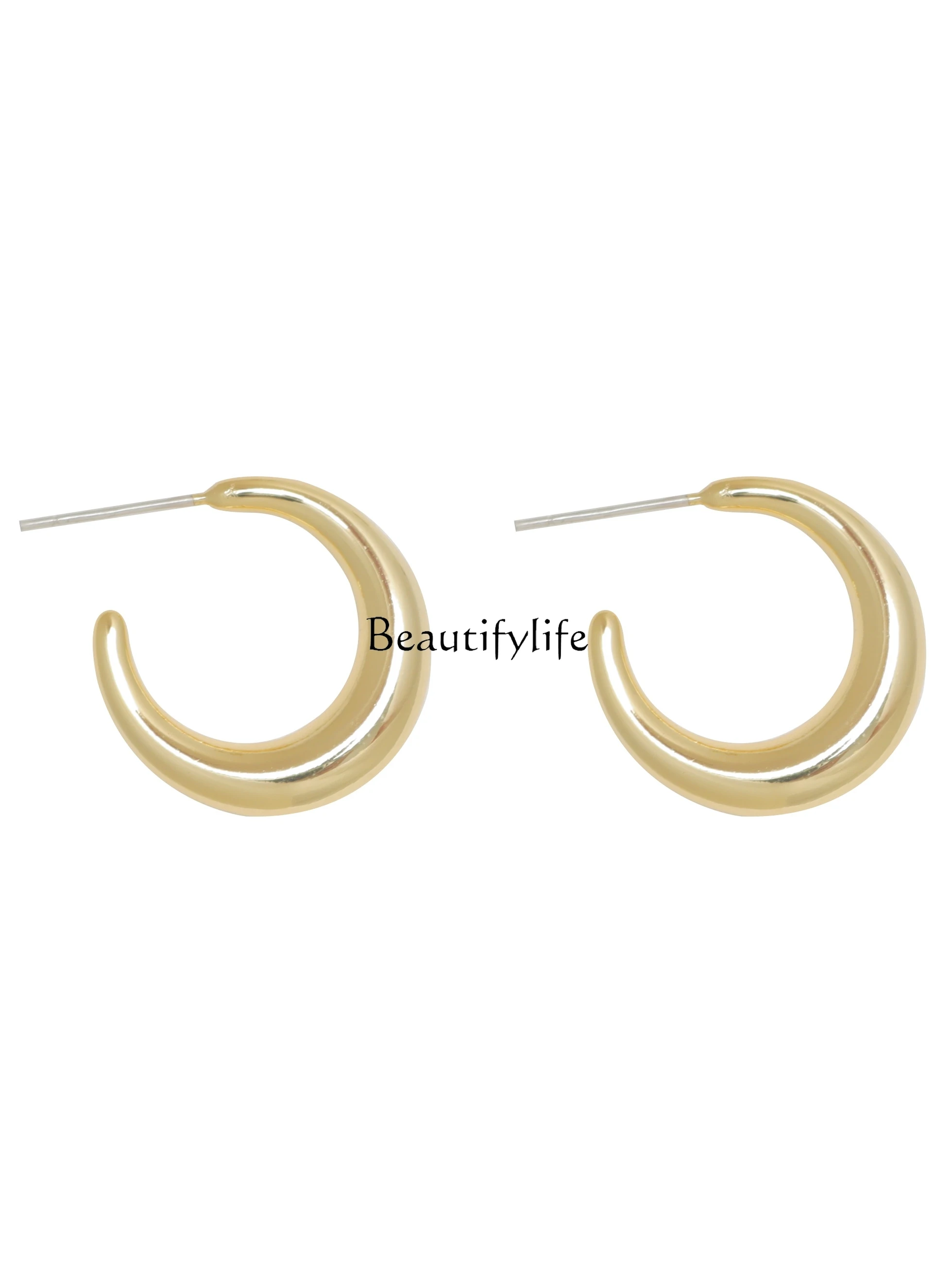 

S925 Silver Good Texture Crescent Ear Ring High Sense round Ring Earrings Temperament Wild