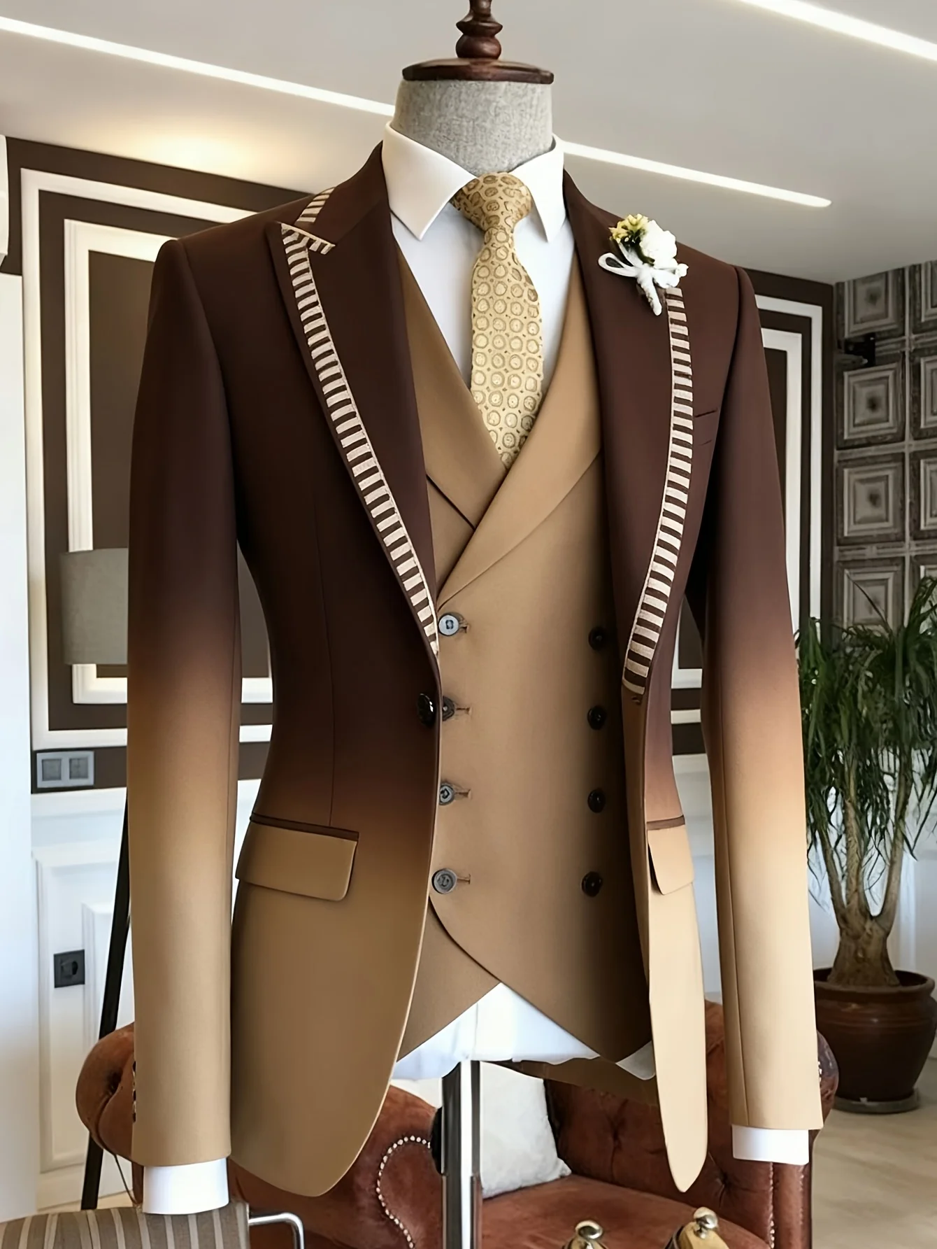 Men Gradient Brown 3 Piece Suit Striped Lapel Double Breasted Vest Slim Fit Wedding Groom Tuxedo Formal Party Blazer Jacket Pant