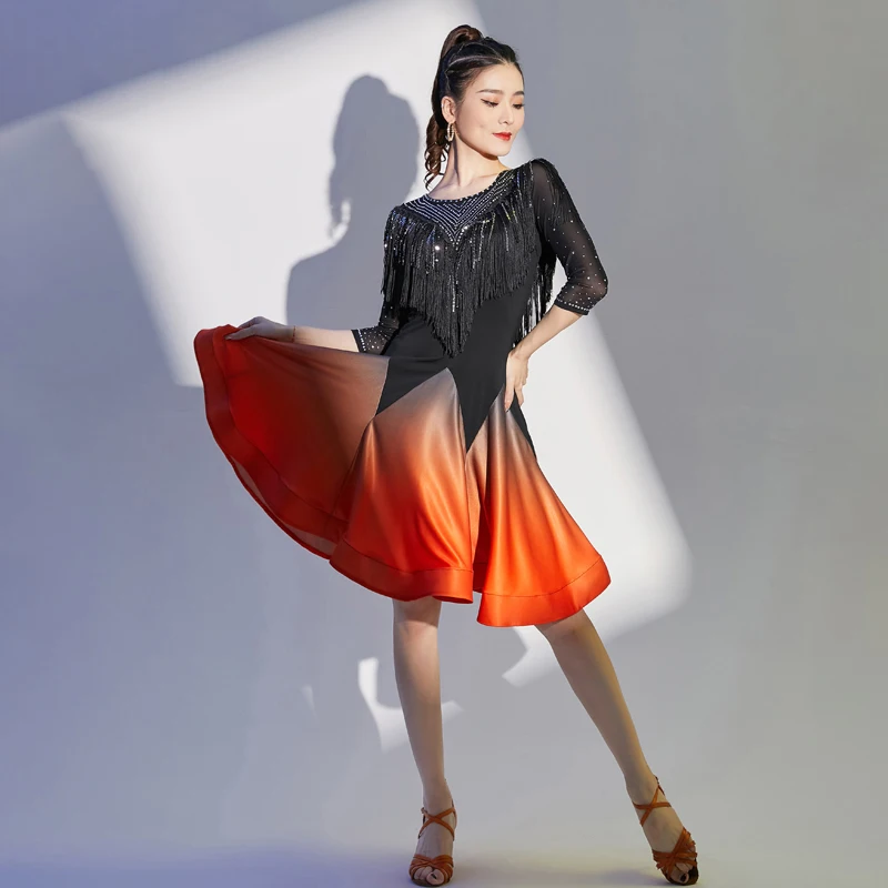 Competition One-Piece Latin Dance Dresses Women Salsa Samba Stretchy Dress Half Sleeves Girls Fringes Costume Satin Skirt