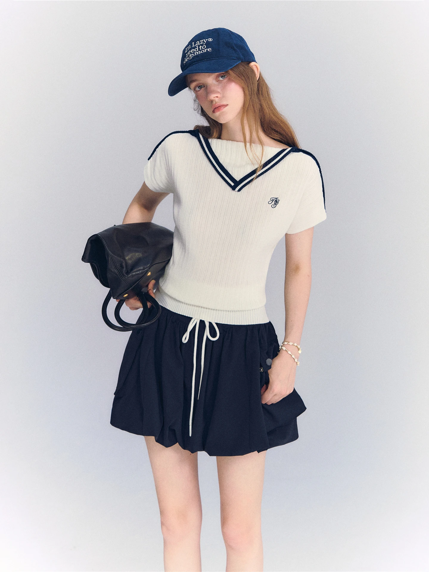 AsGony Casual Style Knitted Slim Fit Short Sleeve Top Waist Cinched Color Block Design Versatile Leisure Wear for Women