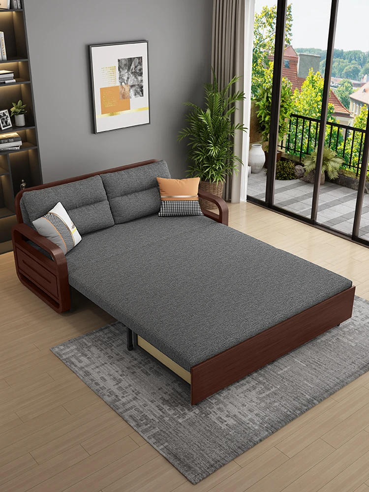 Solid wood sofa bed multi-functional dual-purpose double push-pull retractable sofa with locker