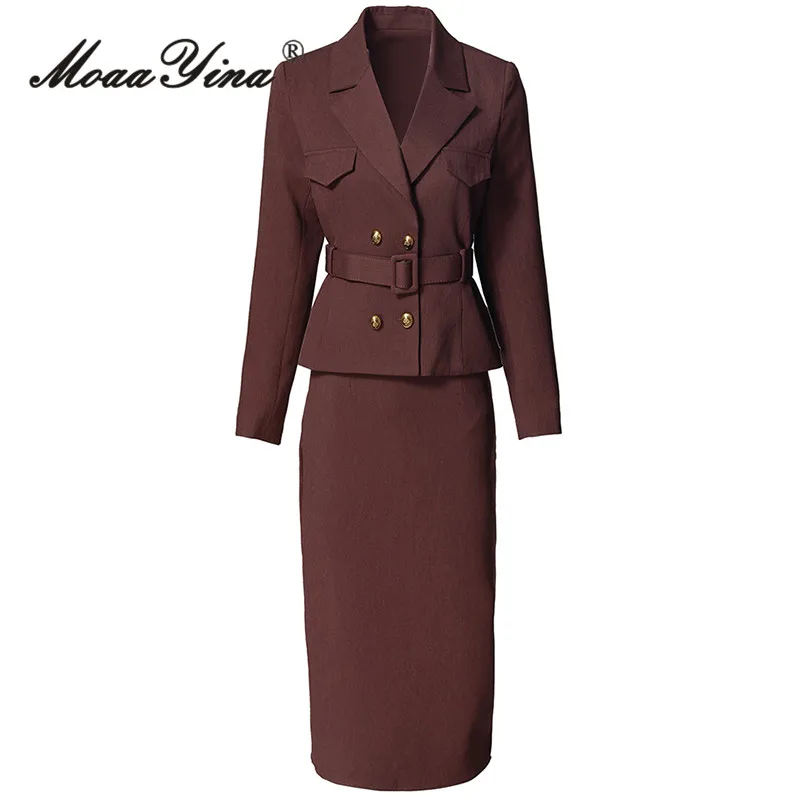 

MoaaYina 2025 Autumn Women's Western style Double breasted Belt Top+Hip hugging Slimming Lower Skirt Two Piece Set