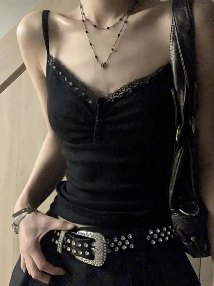 

Женский облегающий топ-майка с кружевными вставками и пуговицами, уличный стиль, модный, осень 2024, другие материалы, 00%