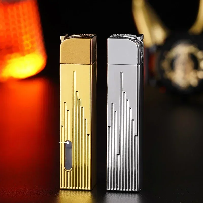 Windproof Straight-Through Lighter Creative Double-Sided Embossed Slim Long Butane Gas Cigarette Lighter Portable Smoking Set