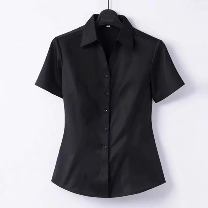 Office Lady Women Clothing Short Sleeve Solid Button Shirt Tops Slim Simplicity Basic Elegant Blouse Fashion Vintage Summer New