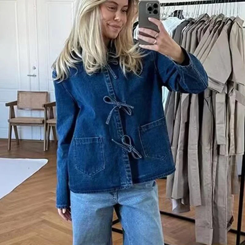 TELLHONEY Kadın Moda Yaka Yaka Dantel Up Bluzlar Kadın Rahat Uzun Kollu Cepler Katı Denim Giyim