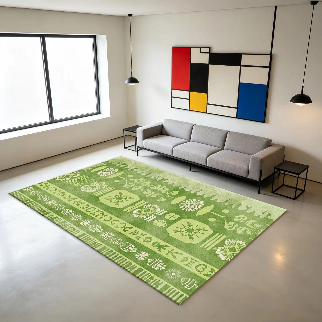 Green Tribal Ethnic Border Carpet Floor Decoration with Vintage Floral Geometric Patterns, Non-Slip Floor Carpet Suitable for Home Use