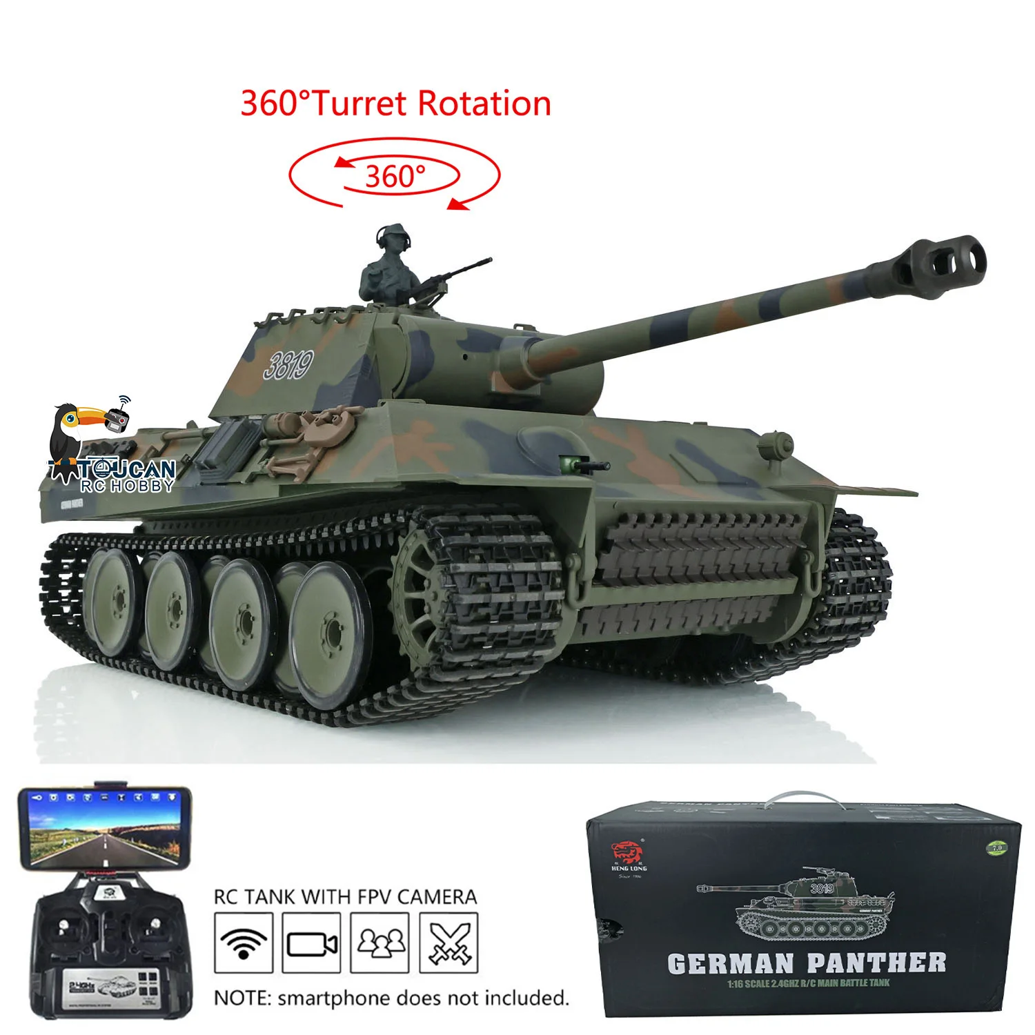 

Пластиковый танк Panther FPV с радиоуправлением 1/16 Heng Long 7,0 3819 с 360 ° Редукторная стальная коробка TH17287