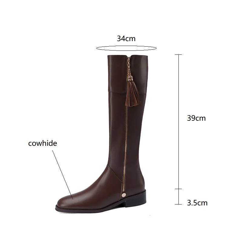 Knee-High Boots Women Autumn Winter Shoes Split Leather Round Toe Women Boot Chunky Heel Boots for Women High Boots Tassel Boots