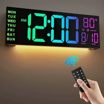 Orologio da parete digitale grande da 16 pollici con telecomando Luce d'atmosfera 8 clors RGB Doppio sveglia Conto alla rovescia 12/24 ore Sveglia a LED