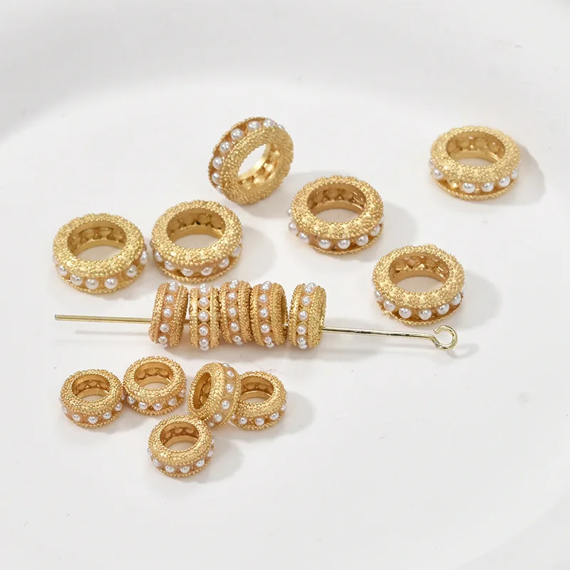 Copper Plated Ancient Gold Inlaid Imitation Pearl Running Ring Circle Wheel Large Hole Bead Spacer DIY Pearl Bracelet Accessorie