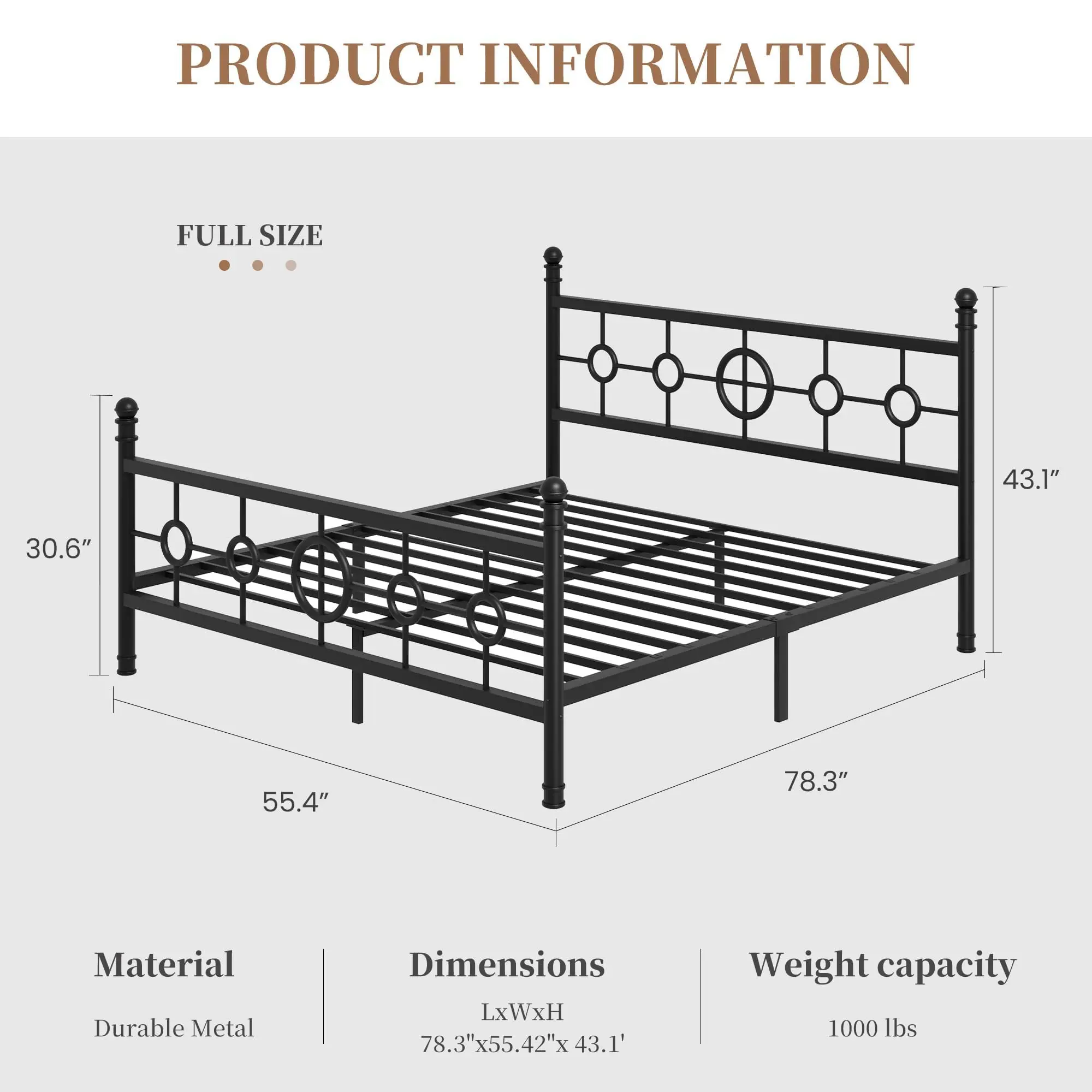 Full Size Metal Bed Frame with Vintage Circular Headboard & Footboard, Heavy Duty Iron Platform Bed, Noise Free, No Box
