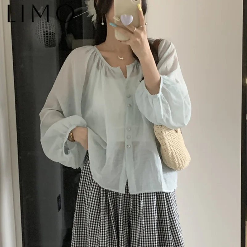 

LIMO Women's Slim Fit Sun Protection Shirt - Pure Color Long Sleeve Blouse With Shell Buttons, Sweet Casual Daily Wear Tops
