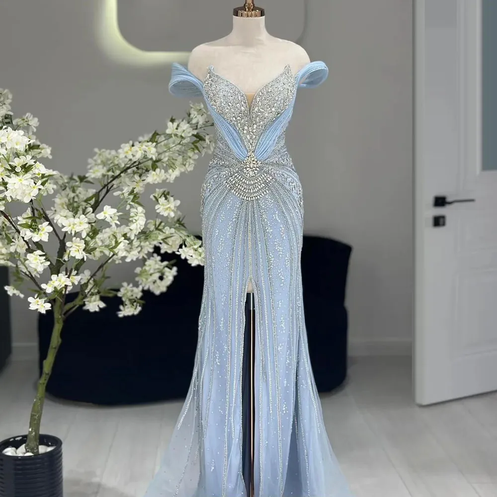 Customized Luxury Arabic Beaded Evening Dresses Off the Shoulder Front Split Wedding Party Dress with Detachable Train