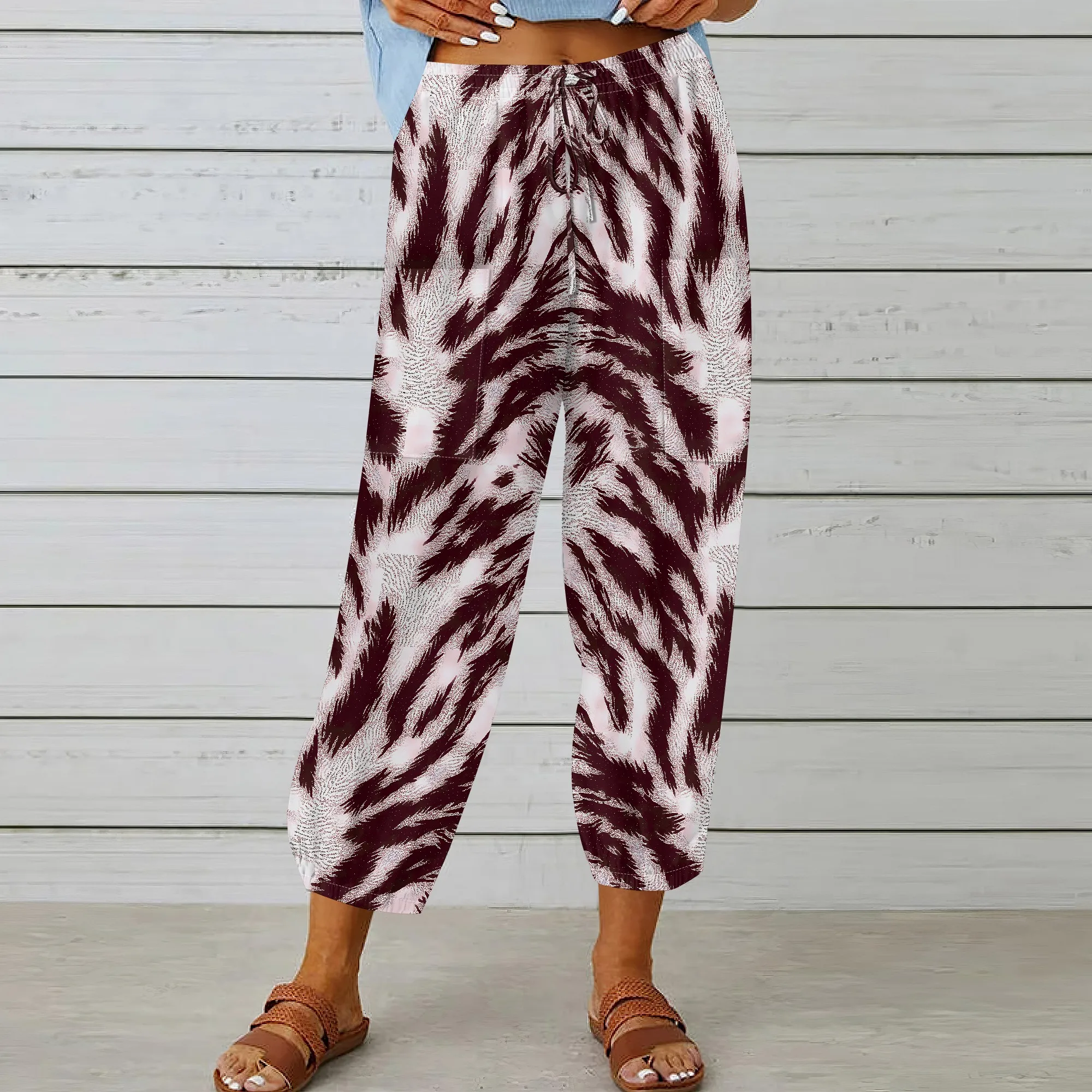 Trendy, Animal Print Pants, Burgundy Zebra Pattern Trousers, Drawstring Waist Joggers, Casual Lounge Wear for Women, XS-2XL