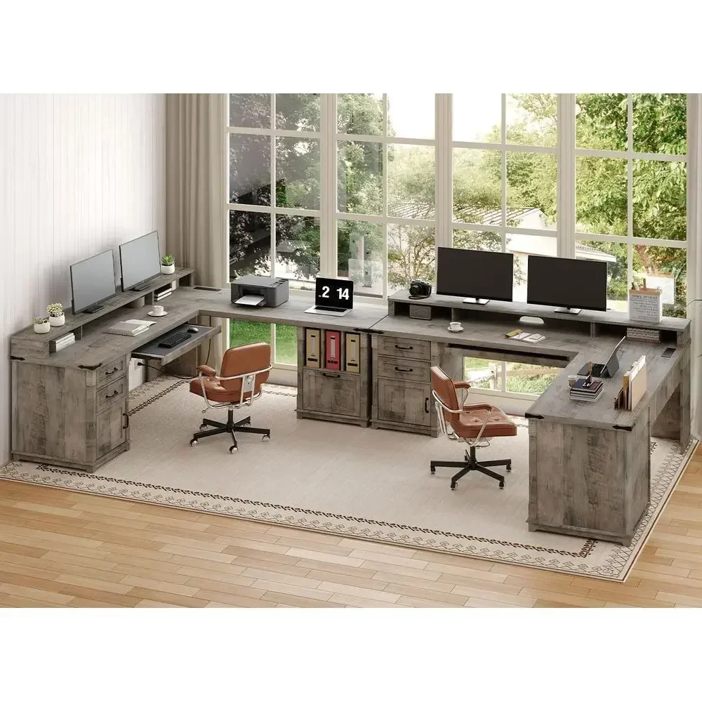 69 L-Shaped Executive Desk with Charging Station, Monitor Stand, Storage Cabinet, Home Office Desk in Greige