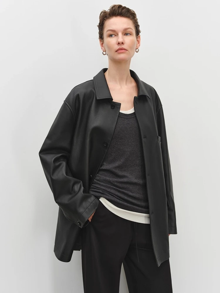 Clássico preto couro genuíno blazer jaquetas para mulheres primavera outono high-end simples único breasted solto casaco de couro de vaca real