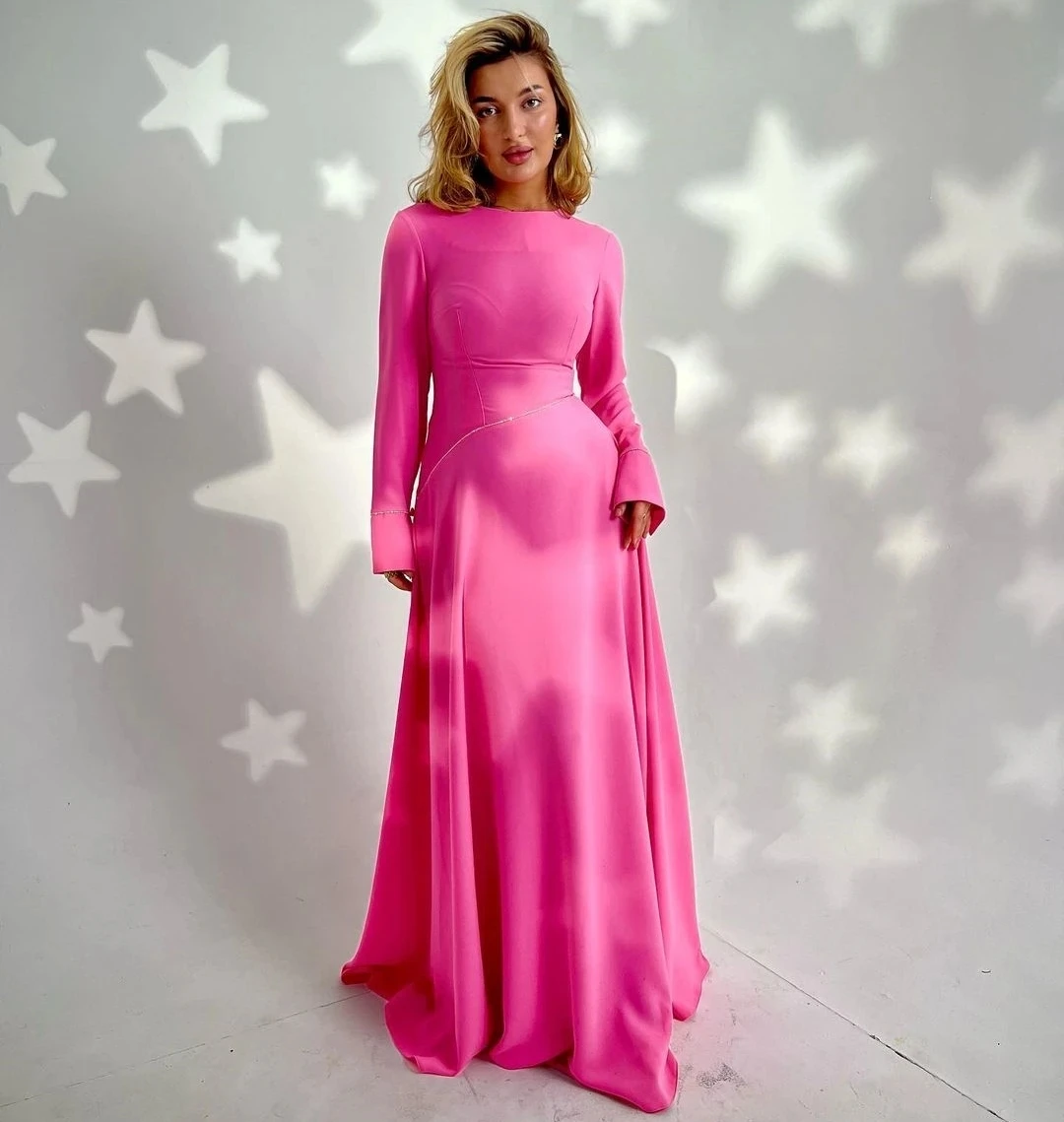 

Flora Dress Elegant Pink O-Neck Prom Dresses Long Sleeves Party Formal Occasion Gowns فساتين السهرة Arabia A Line Evening Dress