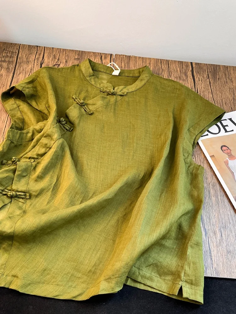 جديد الصينية Sle المرأة الكتان irt الصيف خمر الوطنية Sle غير المتكافئة هملين تحسين أعلى زر التفاصيل #3