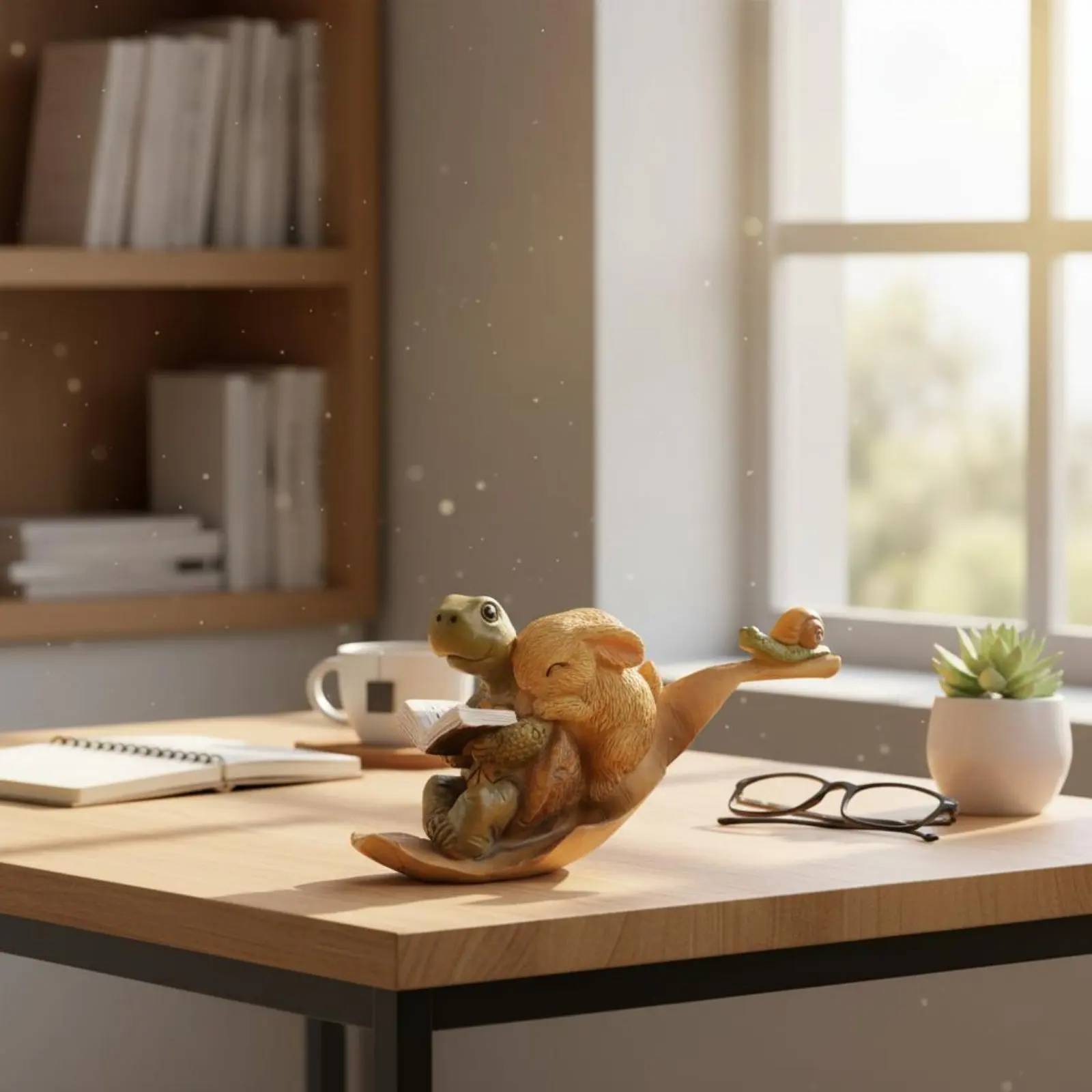 Turtle and Hare Studying Figurine Meticulous Craftsmanship Miniature Garden Creature Statue Desktop Decoration Vivid Features