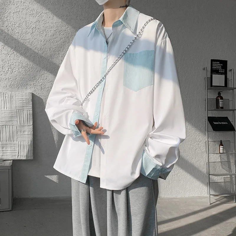 

Американский студенческий повседневный длинный све irt, мужской свободный крой для поездок на работу, лоскутное шитье, дизайн, весенне-осенняя одежда