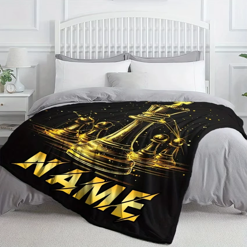 Winter New Chess Lovers Flannel Blanket Soft Lightweight Warm with Golden Chess Pieces Print for Home Travel Camping Office