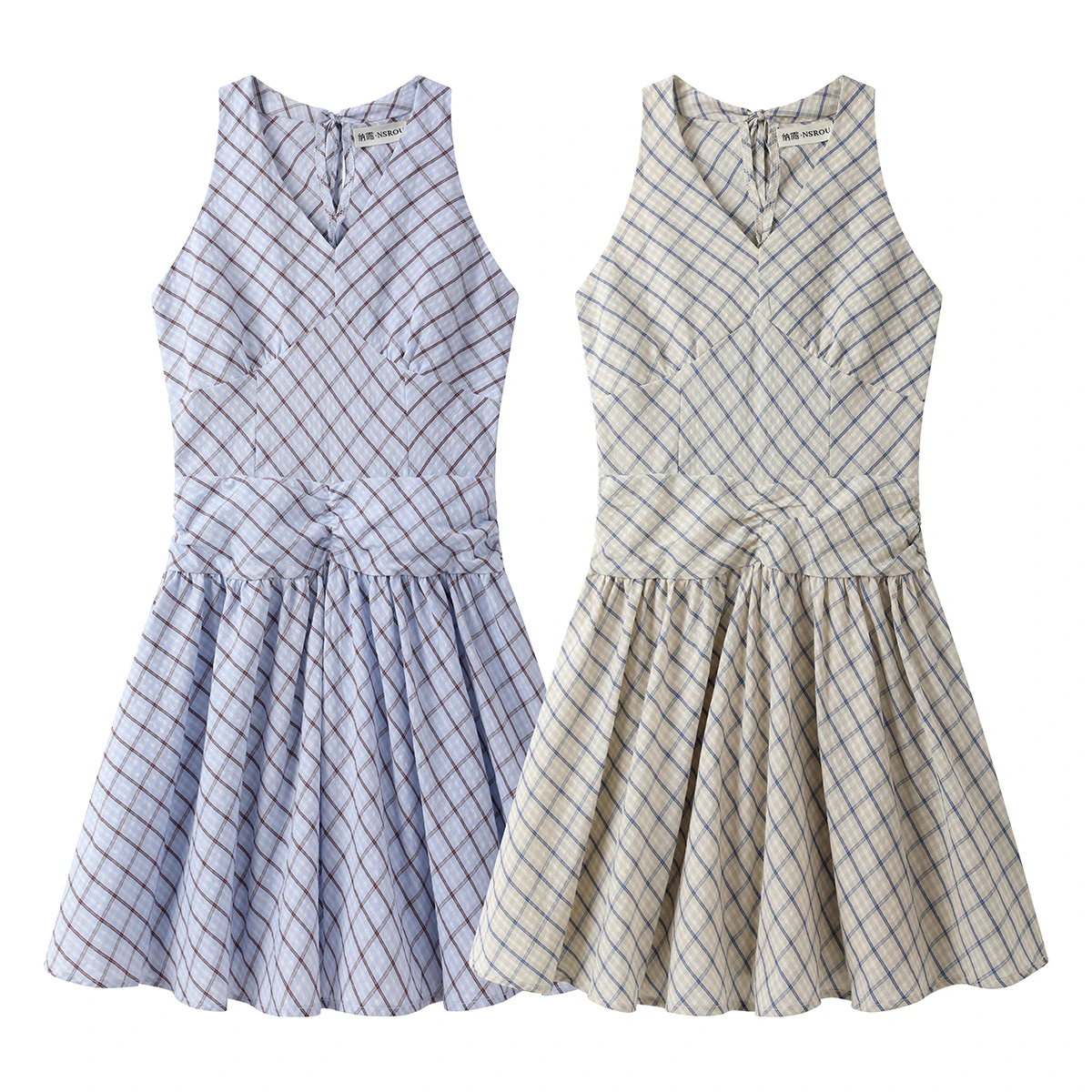 Vestido Sem Mangas Estilo A-Line Retro Doce e Picante com Estampa Xadrez Novo Estilo de Verão com Cintura Ajustável