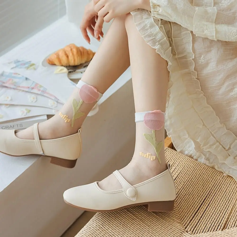 

Socks Summer Mesh Ultra-Thin Transparent Harajuku Flower Socks Crystal Silk Socks Breathable Elastic Long Socks Glass Silk