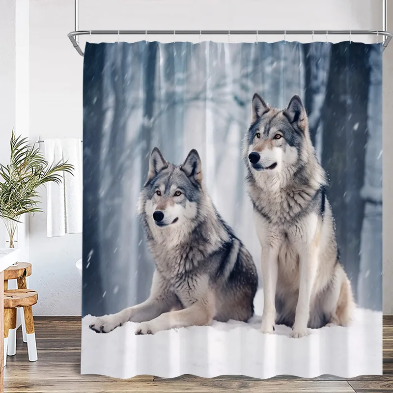 Wild Animal Wolf Shower Curtains Wildlife Winter Cedar Snow Landscape Wall Hanging Polyester Fabric Bathroom Curtain Decorative