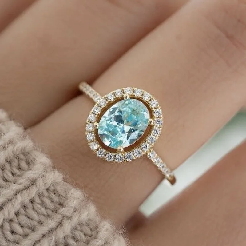 

New Internet celebrity ins fashion sea blue zircon ring, simple women's jewelry small fragrant style golden-plated jewelry