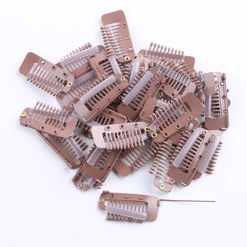 100pcs Wholesale Black Light Brown Golden Color 3.8cm 10 teeth Snap Clips with safety Pin For Weft Hair Extensions