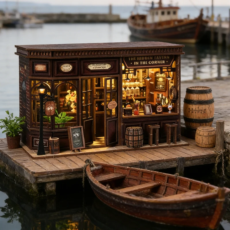 

Corner Tavern DIY Miniature Dollhouse Kit Wooden Building Model with Furniture Lighting 3D Puzzle House Assembly Craft Toy Gift