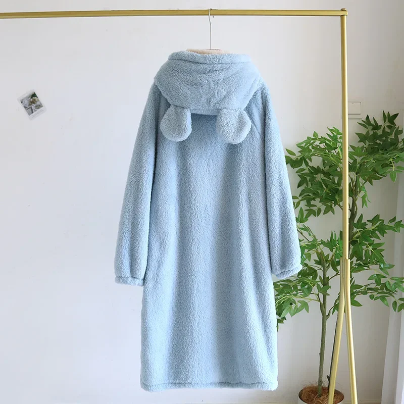 Warm Flannel Kimono Cute Hooded Bathrobe Women Loose Shower Robe Couple Sleepwear Nightgown Winter Sleepwear Gown Loungewear